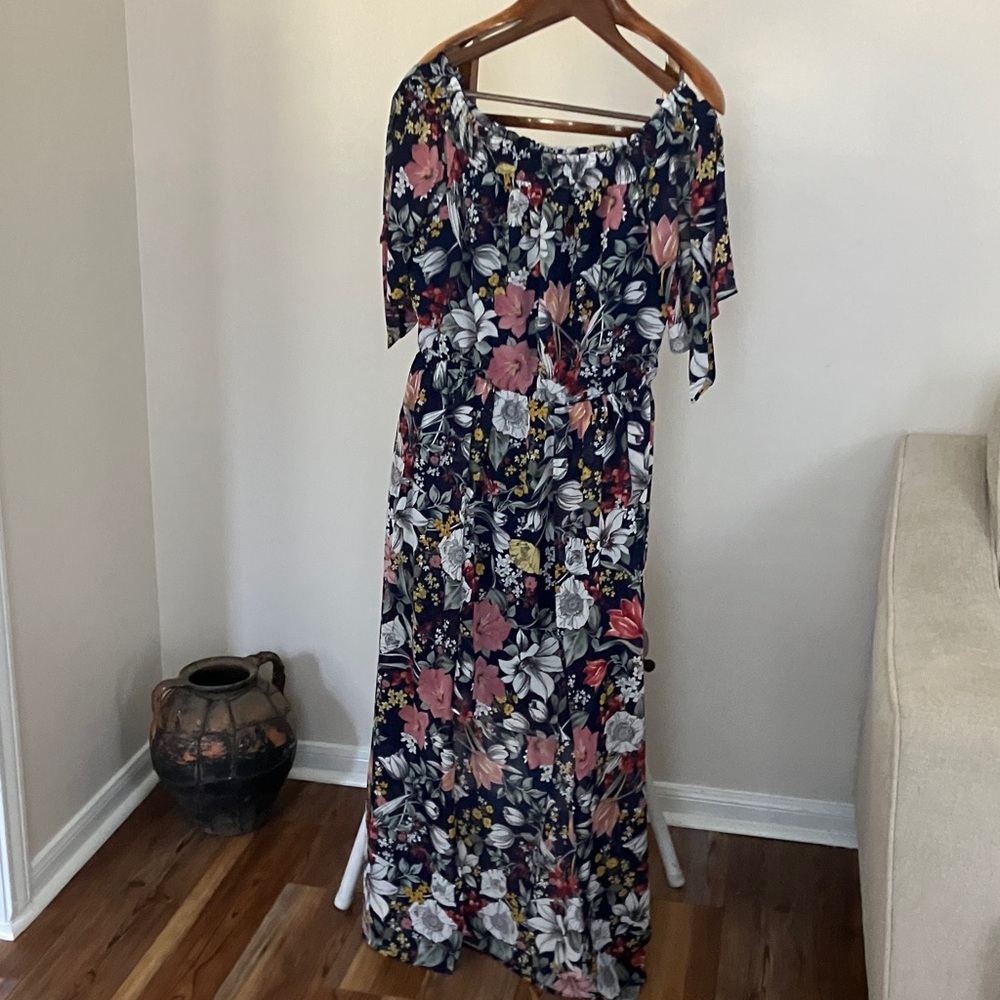 Luxology Navy Floral Off-Shoulder Maxi Dress